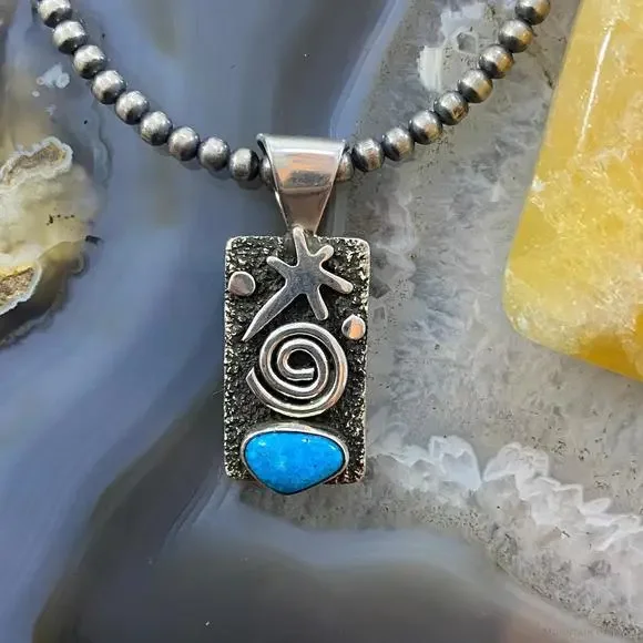 Alex Sanchez Native American Sterling Petroglyph Turquoise Dainty Pendant #7 - Picture 1 of 10
